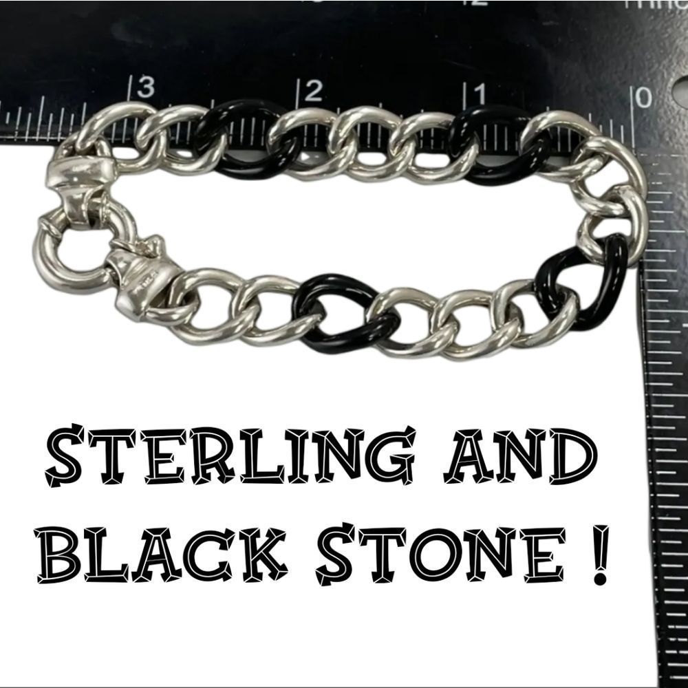 HEAVY STERLING SILVER 925 BRACELET 7.75" BLACK STONE 21.6G AMAZING VTG CI SIGNED - Picture 8 of 14
